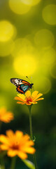 Obraz premium Butterfly on yellow flower in soft green spring background
