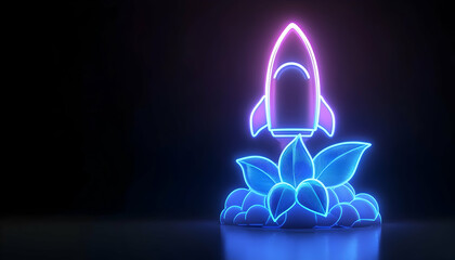 Glowing neon rocket launching from plant, dark background