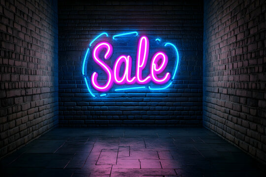 Glowing neon "Sale" sign on a brick wall