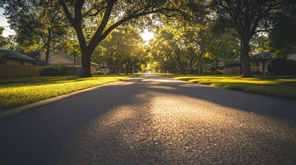 Obraz premium Sunlit Residential Street Lined With Lush Trees