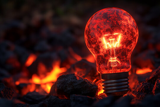 Glowing red lightbulb amidst dark, fiery coals, showcasing a contrast of energy and raw power, symbolizing innovation, resilience, and the transformative potential of ideas