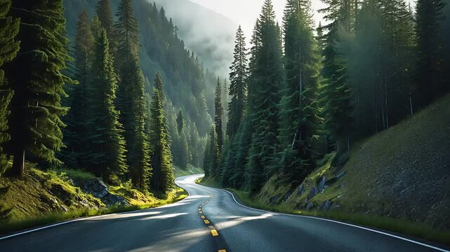 Winding asphalt road through dense green pine forest with mountain backdrop and soft morning sunlight filtering in

