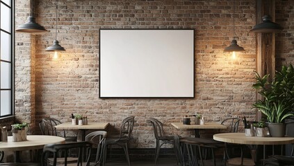 Empty Poster Frame Mockup in a Rustic Brick Wall Cafe Interior