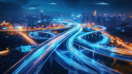 Futuristic Cityscape With Flying Cars And Illuminated Highways