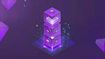 Three purple abstract blocks with geometric shapes and glowing accents