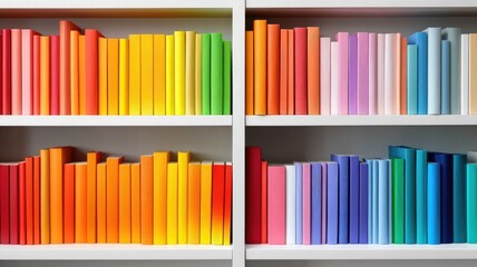 Colorful books arranged in rainbow spectrum on bookshelf