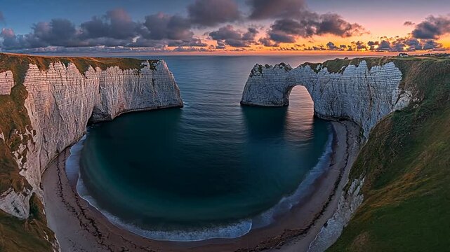 Dramatic Sunrise over Coastal Arch, Stunning Natural Landscape, Aerial View, Perfect for Travel Posters, Backgrounds