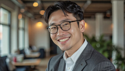 Fototapeta premium Portrait headshot photo of diverse friendly people: A smiling man wearing glasses and a suit stands in a modern office setting, looking towards the camera.