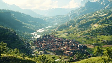 Obraz premium Mountain Valley Village Scenic River Landscape