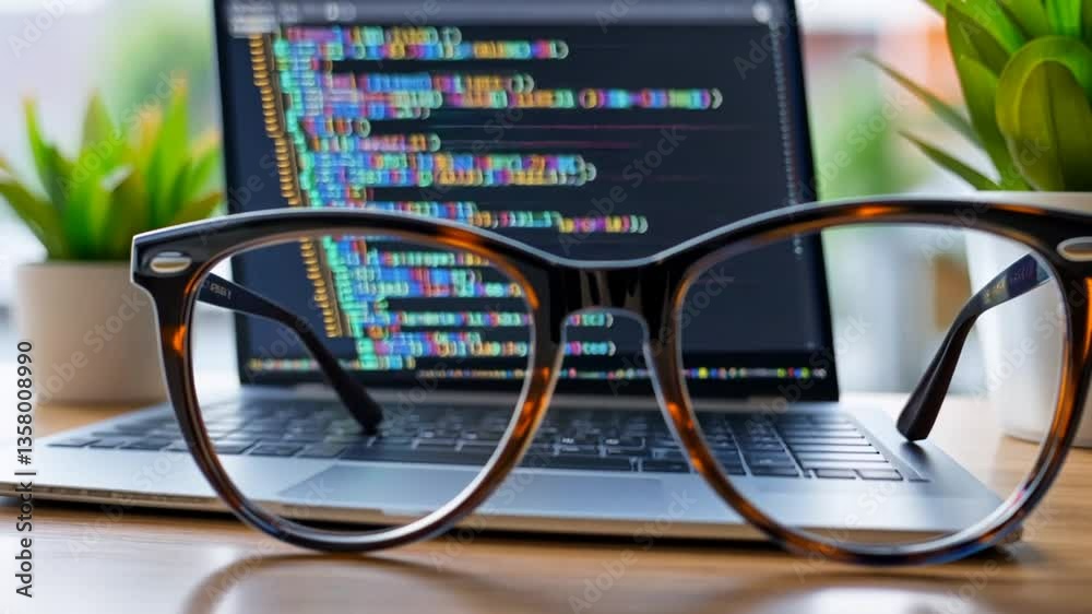 Poster focus on coding with glasses and a laptop displaying source code generative ai