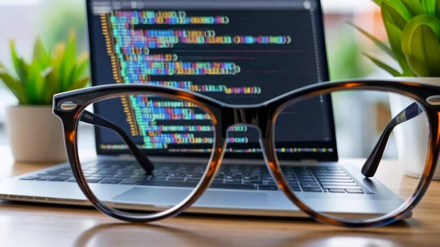 Focus on Coding With Glasses and a Laptop Displaying Source Code Generative AI