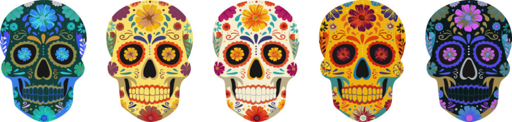 day of the dead skulls vector set isolated flower masks mexican elements celebration cinco de mayo decorative calavera design on transparent background