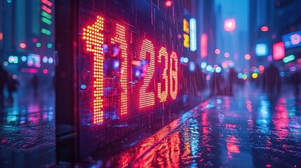 Obraz premium Rainy city night, vibrant LED display shows numbers reflecting on wet pavement