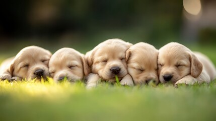 Dreamy moments of adorable puppies peacefully sleeping in a sunlit garden filled with lush green grass and gentle bokeh background