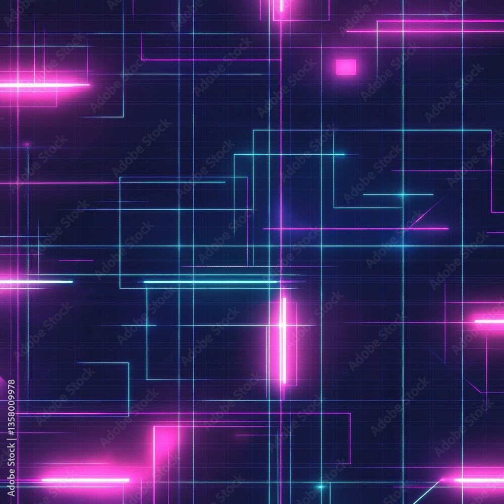 Poster seamless cyberpunk neon pattern featuring glowing grid lines and deep blue and purple hues for a hig