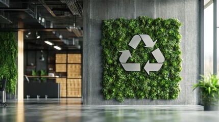 Modern corporate office features a green wall adorned with a prominent recycling symbol, emphasizing sustainable practices in today's work environments