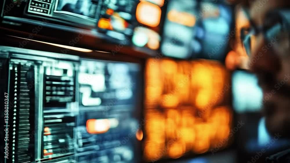 Aufkleber A cybersecurity professional focuses intently on multiple monitors displaying firewall metrics and alerts, working diligently to manage risks and protect sensitive data from potential breaches.