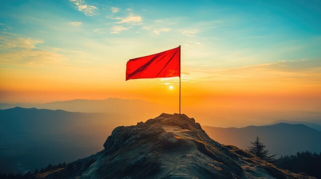 A scenic mountain peak bathed in golden sunlight, with a narrow path leading to a single flag pole adorned with a blue flag.
