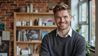 Fototapeta premium Portrait headshot photo of diverse friendly people: A smiling man with short brown hair stands confidently in a bright, modern office space with a brick accent wall and bookshelves.