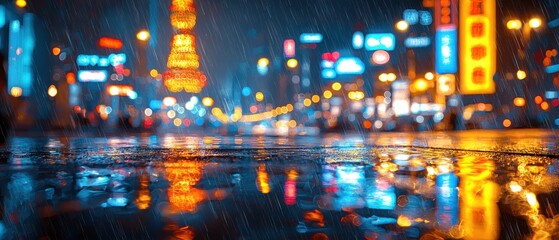 Obraz premium Rainy night city street reflection in a puddle. Vibrant city lights blurred in the background