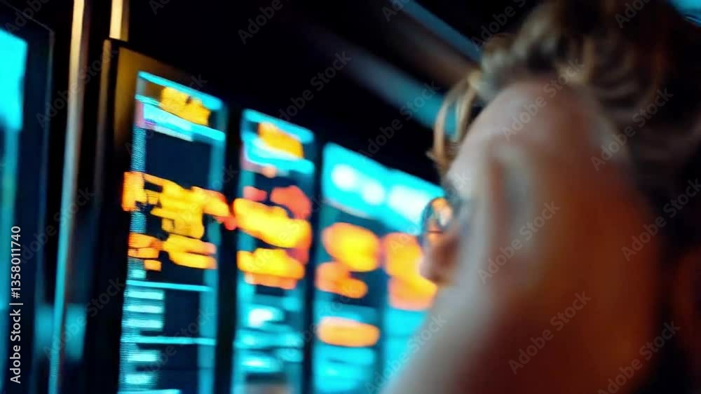 Poster A professional examines cybersecurity data on multiple illuminated screens. The focus is on assessing risks related to data breaches using sophisticated firewall solutions in a high-tech environment.