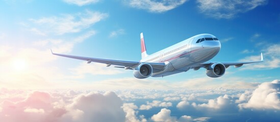 Fototapeta premium Beautiful airplane with Sunlight an edge of blue sky with clouds. AI generated image