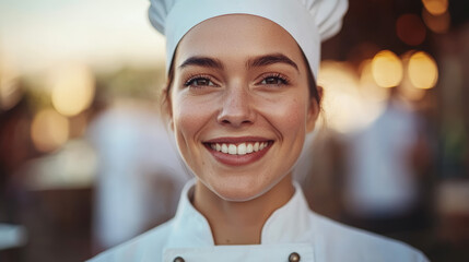Young white female chef smiling in uniform inside restaurant kitchen &ndash; culinary professional, hospitality staff, portrait concept, food industry, fine dining cook


