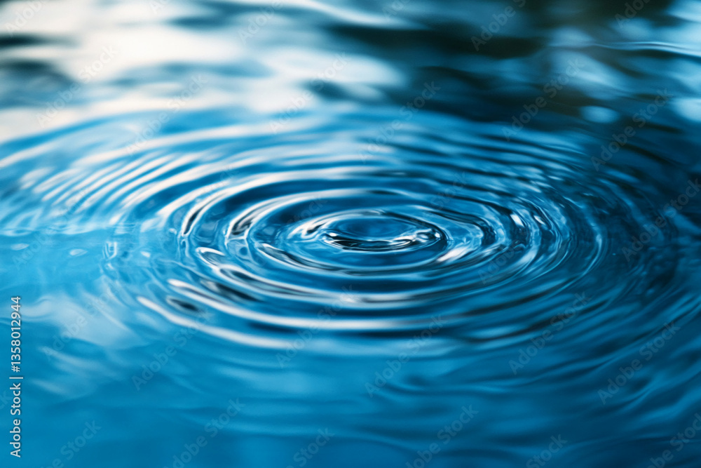 Poster close-up of concentric blue water ripples, creating a smooth and calming texture, symbolizing sereni