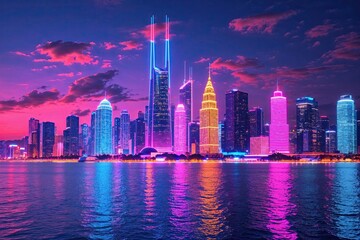 Fototapeta premium Bright Neon City Landscape Background for Summer Home Decor