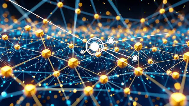 Abstract digital network with glowing nodes and connecting lines in a futuristic web of data and communication points

