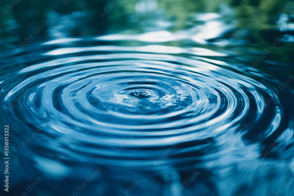 Poster close-up of concentric ripples on blue water surface, creating a calm and serene pattern, symbolizin