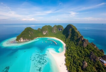 Aerial drone Landscape Turquoise lagoon Nui beach koh Phi Phi Don island, Krabi, Thailand