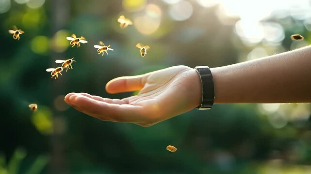 A glowing bracelet attracting mosquitoes in a jungle setting