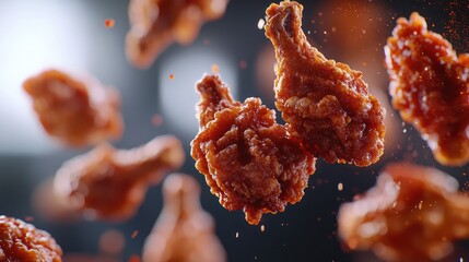 A dynamic arrangement of crispy fried chicken drumsticks appears to float against a deep red background.