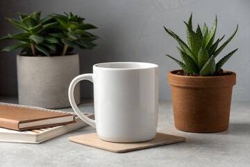 Fototapeta premium White coffee mug with green potted plants, A plain white ceramic mug on a desk with two green succulent plants in pots, notebooks, and a gray textured background.