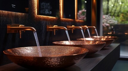 Luxurious copper sinks with gold faucets, flowing water, dark wall