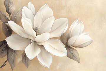 Fototapeta premium Magnolia Blossoms: Close-up of a white magnolia flower, its petals perfectly formed, on a beige background evoking purity and elegance.