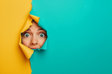 a surprised woman peeking through a torn yellow and turquoise paper wall in a colorful and playful concept image