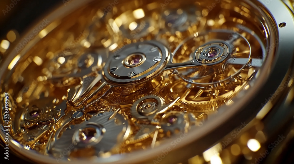 Poster Close-up of intricate golden watch mechanism, showcasing gears and intricate details, representing precision, craftsmanship, and luxury timepiece