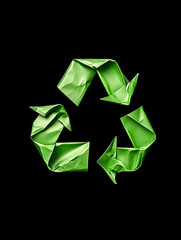 Green crumpled recycle symbol on black background