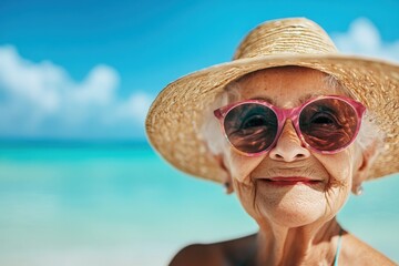 Elderly woman enjoying a sunny tropical day at the beach, radiating joy and happiness. Generated AI