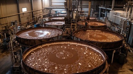 Industrial Plant Processing Brown Liquid In Large Tanks