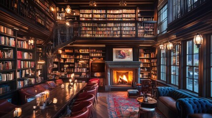 Naklejka premium Luxurious Library With Fireplace And Extensive Book Collection