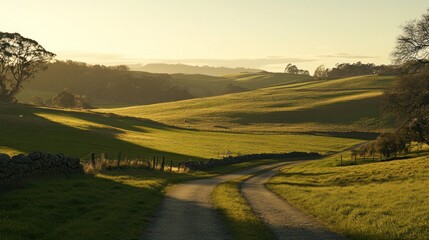 Naklejka premium Rolling Green Hills Countryside Road Sunset