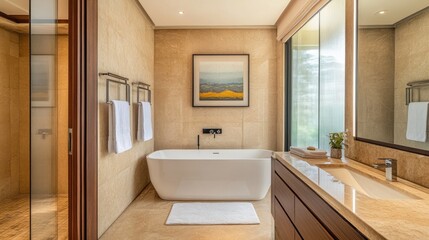 Modern Bathroom Featuring Freestanding Tub and Artwork
