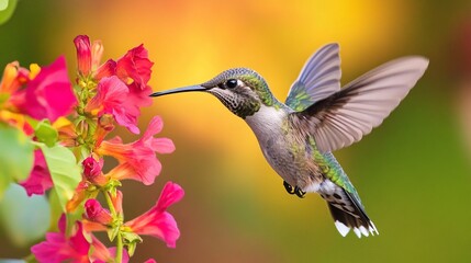 Fototapeta premium The Graceful Dance of a Hummingbird Hovering by Lush Flowers
