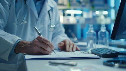 Obraz premium Doctor writing a prescription paper on desk working in modern hospital. Generated AI image