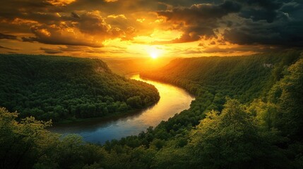 Serene Sunset Over River Valley Lush Green Forest