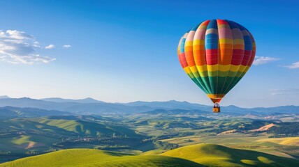 Obraz premium Colorful hot air balloon floating over scenic green hills