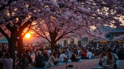 Cherry blossom festival gathering at sunset with people enjoying hanami